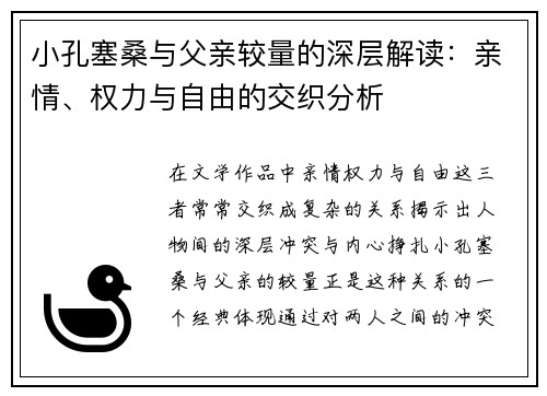 小孔塞桑与父亲较量的深层解读：亲情、权力与自由的交织分析